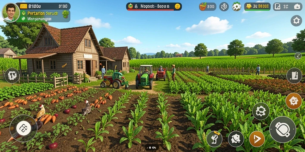 Screenshot 8180 menampilkan gameplay pertanian yang penuh warna dan interaktif.