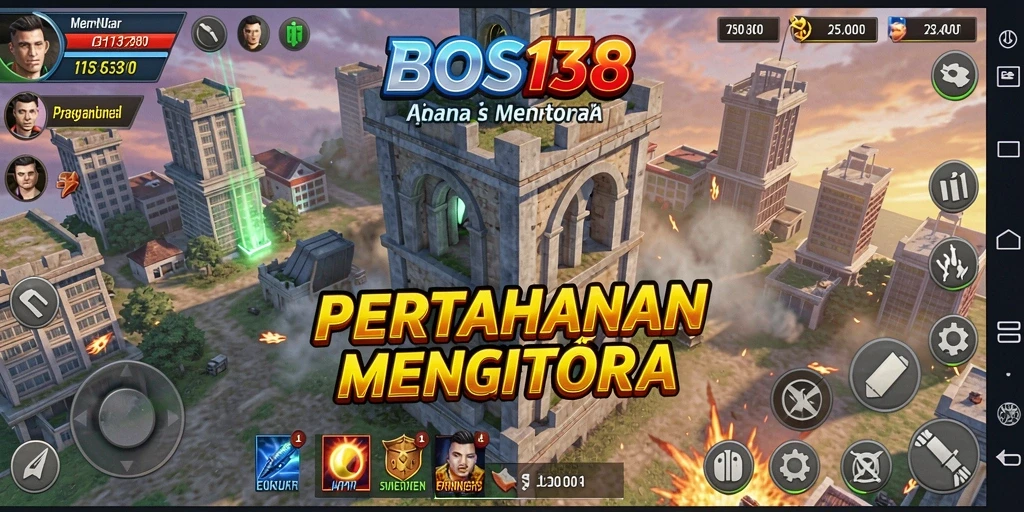 Tampilan gameplay menegangkan pada <strong>BOS138</strong> dengan menara yang beraksi melawan gelombang musuh.