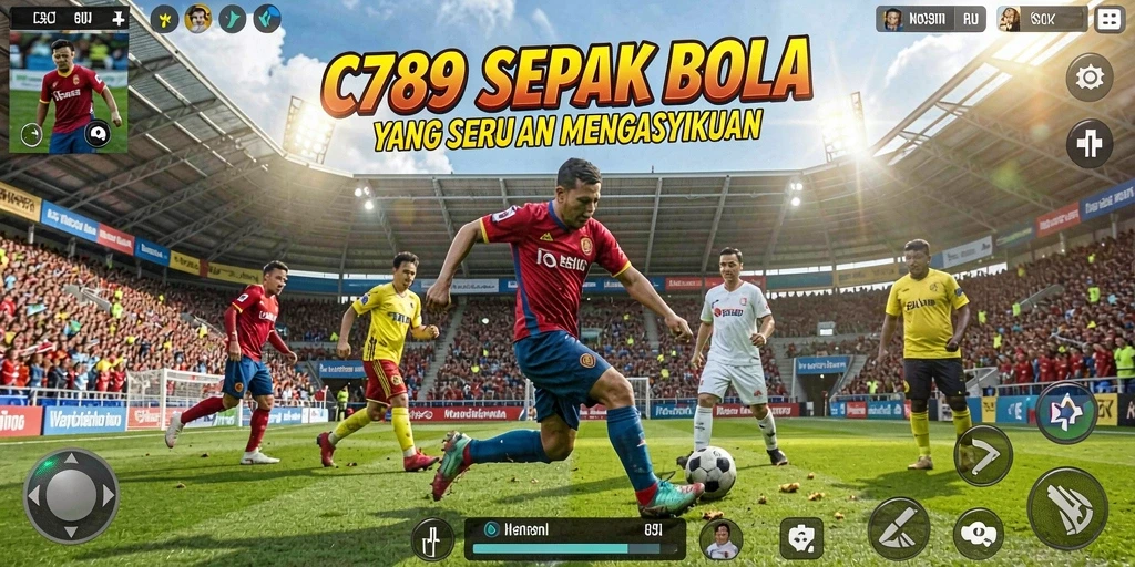 Tampilan gameplay utama C789 yang menampilkan aksi sepak bola yang seru.