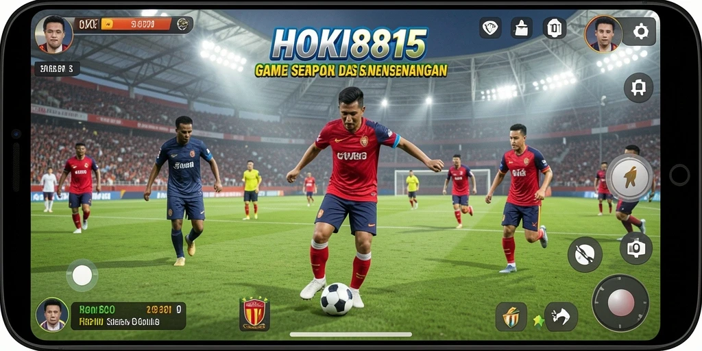Tampilan gameplay HOKI8815 dengan stadion yang cerah dan pemain beraksi.