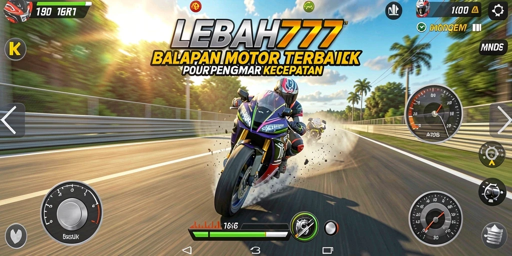 Tampilan gameplay menegangkan dari LEBAH777 dengan balapan motor yang cepat.