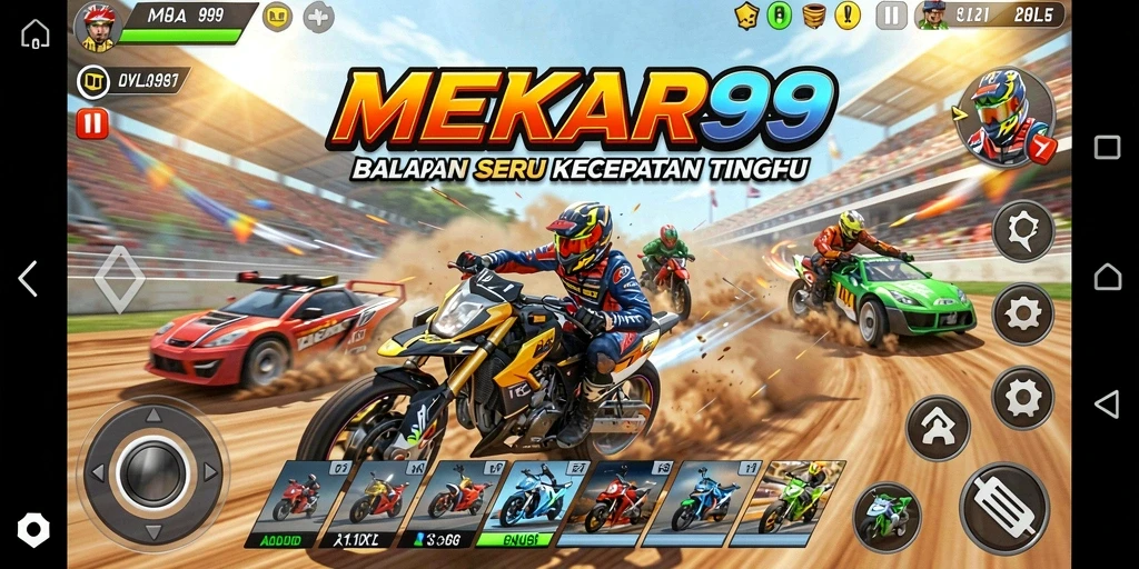 Screenshot gameplay MEKAR99 yang menunjukkan aksi balapan yang mendebarkan.