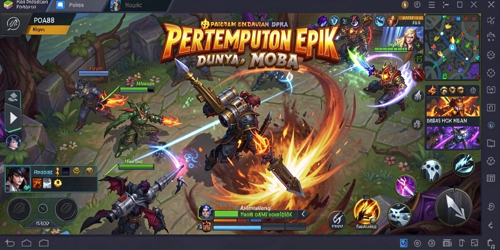 Screenshot utama POA88 menampilkan pertarungan karakter di arena MOBA.