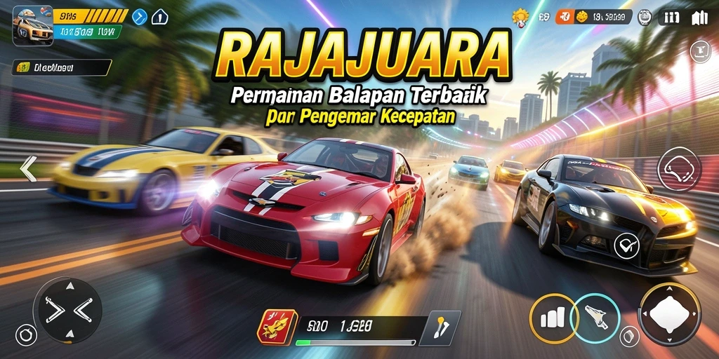 Screenshot gameplay RAJAJUARA menampilkan aksi balapan yang penuh kecepatan.