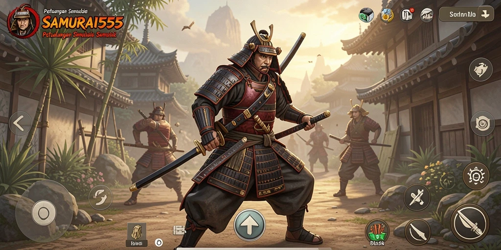 Screenshot gameplay SAMURAI555 menampilkan aksi pertarungan samurai yang menegangkan.