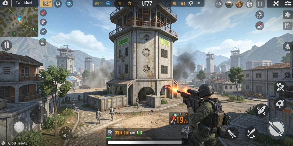 Tampilan menara dan musuh dalam gameplay Tower Defense UT77.