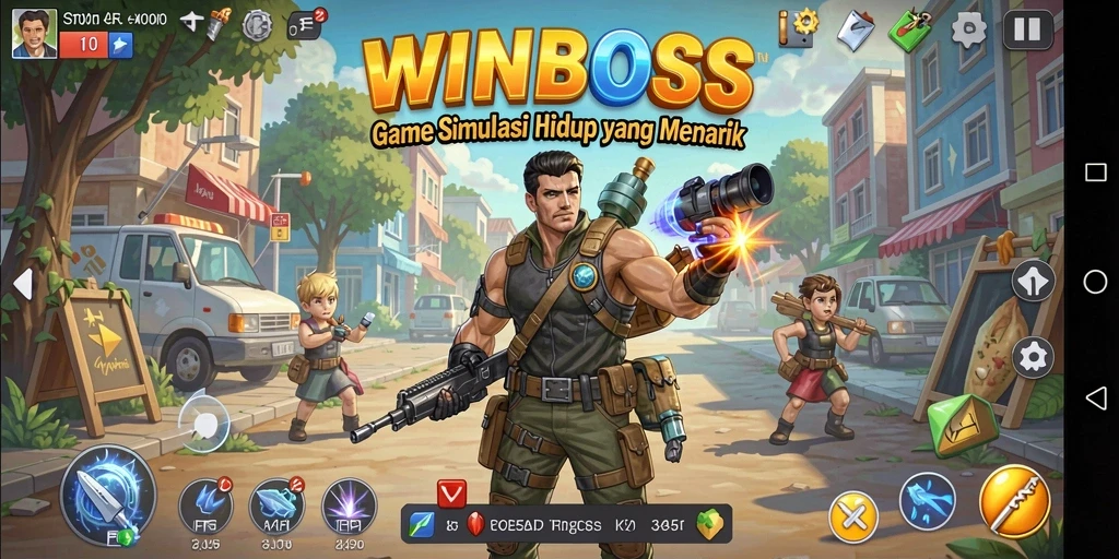Screenshot gameplay WINBOSS menunjukkan karakter dalam dunia simulasi yang penuh warna.