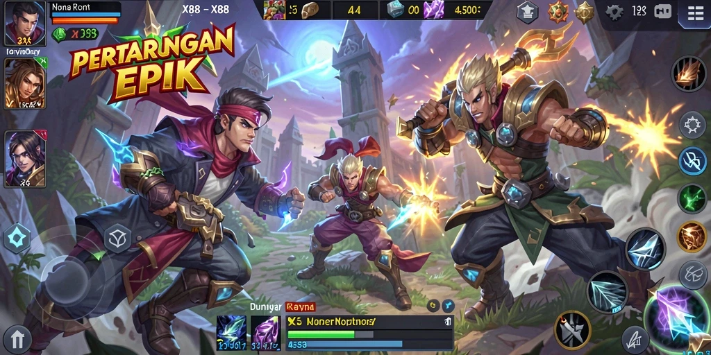 Tampilan dinamis permainan X88 dengan aksi seru dalam pertempuran MOBA.